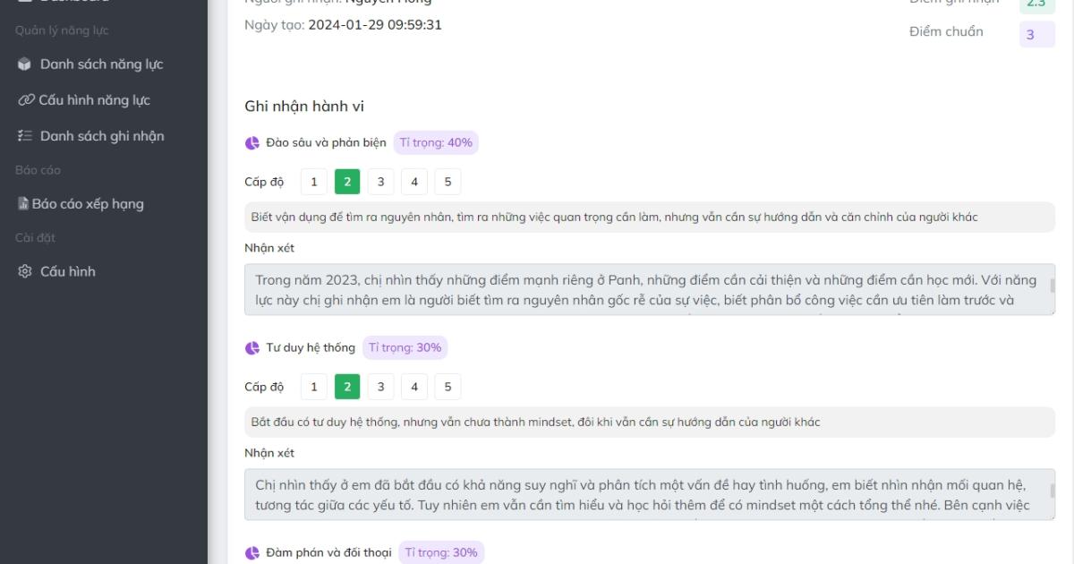 Mentor ghi nhận năng lực cho nhân viên