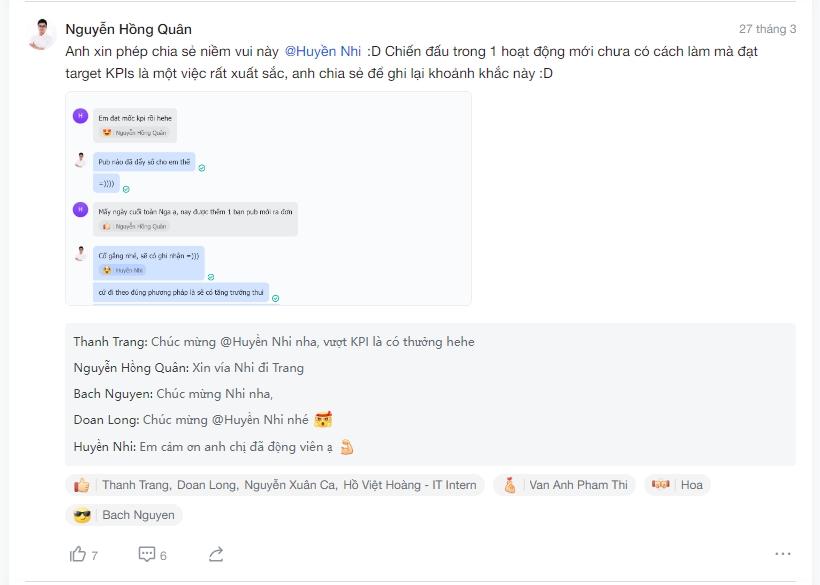 Cách ghi nhận nhân viên bằng cách đăng lên group chung của công ty để mọi người cũng chia sẻ niềm vui