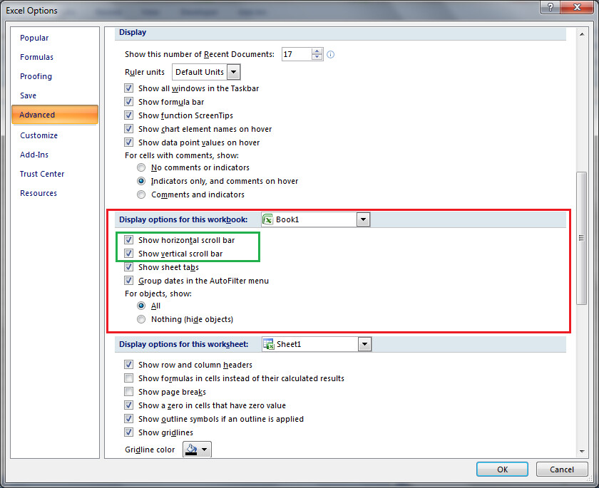 Cách hiện thanh kéo trong Excel phiên bản 2007