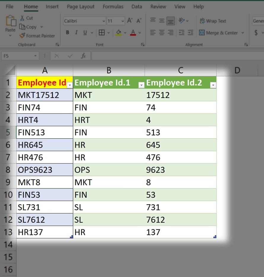 Bảng dữ liệu chứ cột số và chữ được tách riêng bằng Power Query