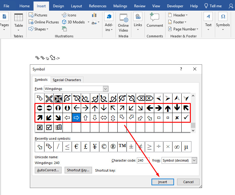Cách làm mũi tên trong Word bằng Symbol