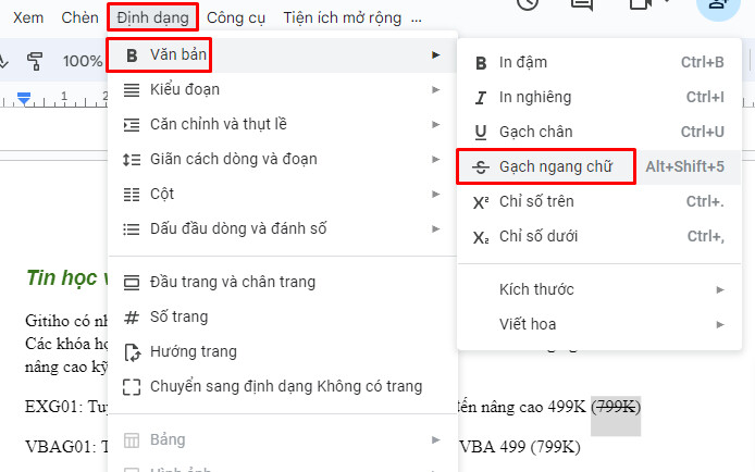 Cách xóa bỏ định dạng gạch ngang chữ trong Google Docs