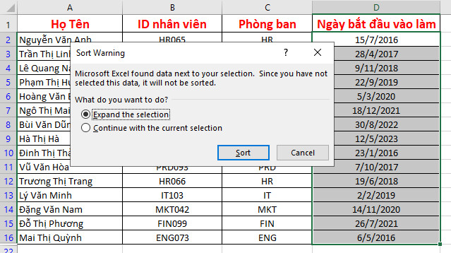 Thiết lập các cài đặt cho hộp thoại Sort