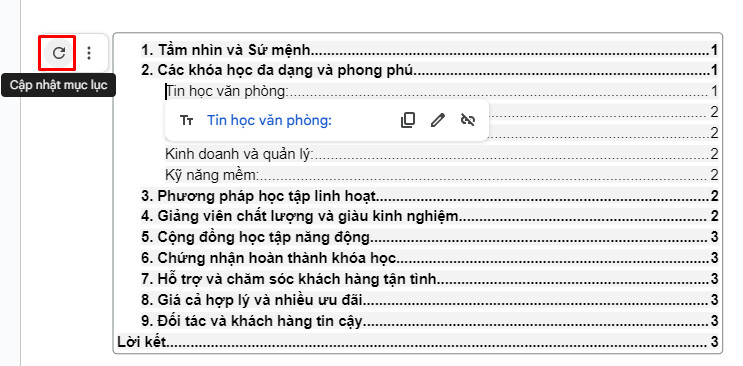 Cập nhật mục lục trong Google Docs