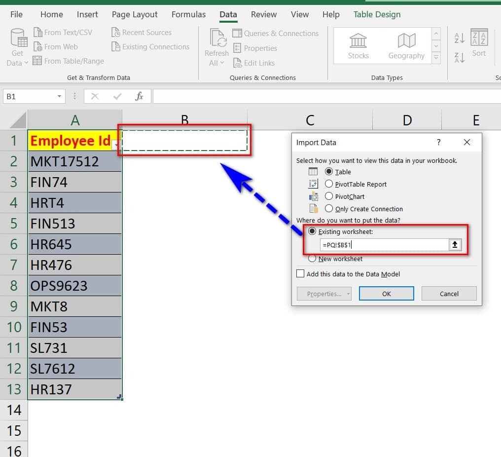 Chọn vị trí hiển thị kết quả tại Existing Worksheet