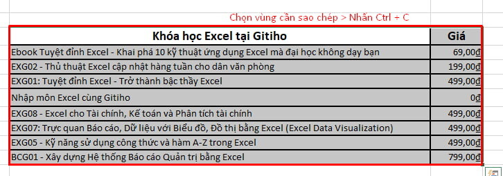 Sao chép chiều rộng của cột trong Excel 2007