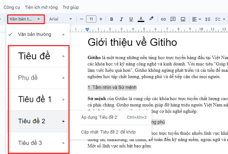 Đặt thẻ tiêu đề trong google doc 1