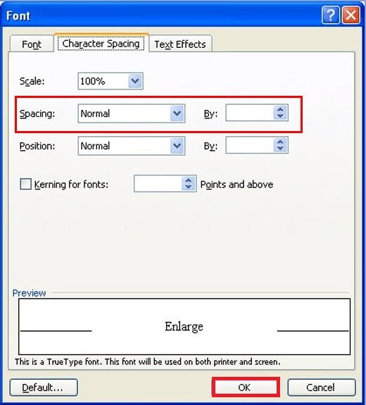 Điều chỉnh khoảng cách chữ chuẩn trong word 2003 bước 2, 3