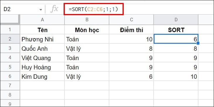 Kết hợp hàm sắp xếp trong excel và hàm filter