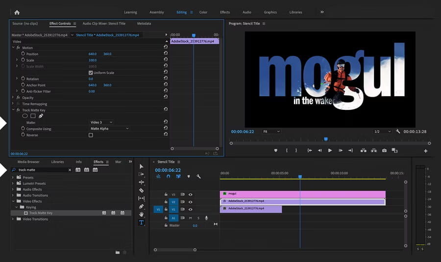 hiệu ứng chữ track matte key trong Premiere