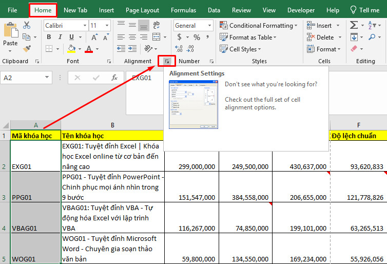 Căn chỉnh giữa trong Excel bằng format cells