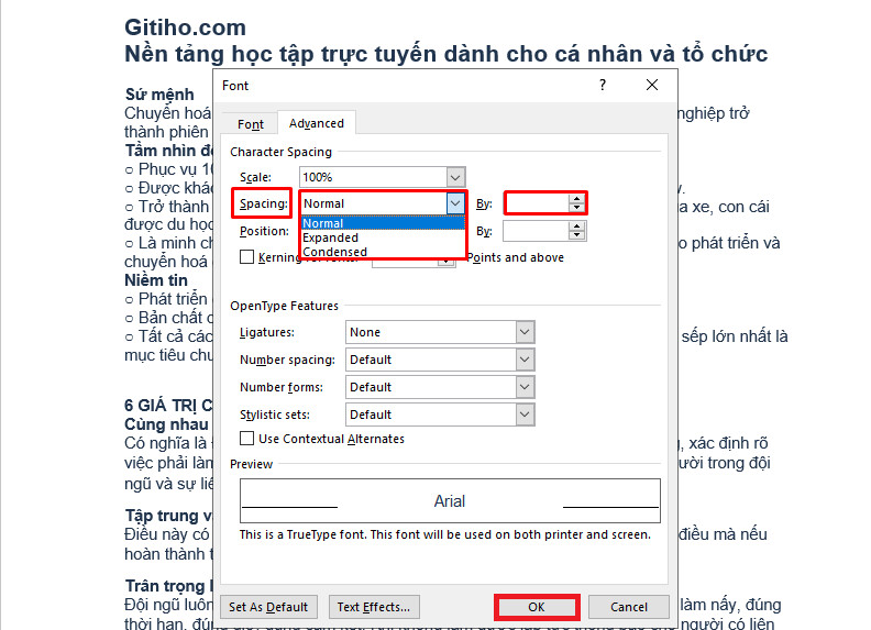 Điều chỉnh khoảng cách chữ chuẩn trong word 2003 bước 2, 3