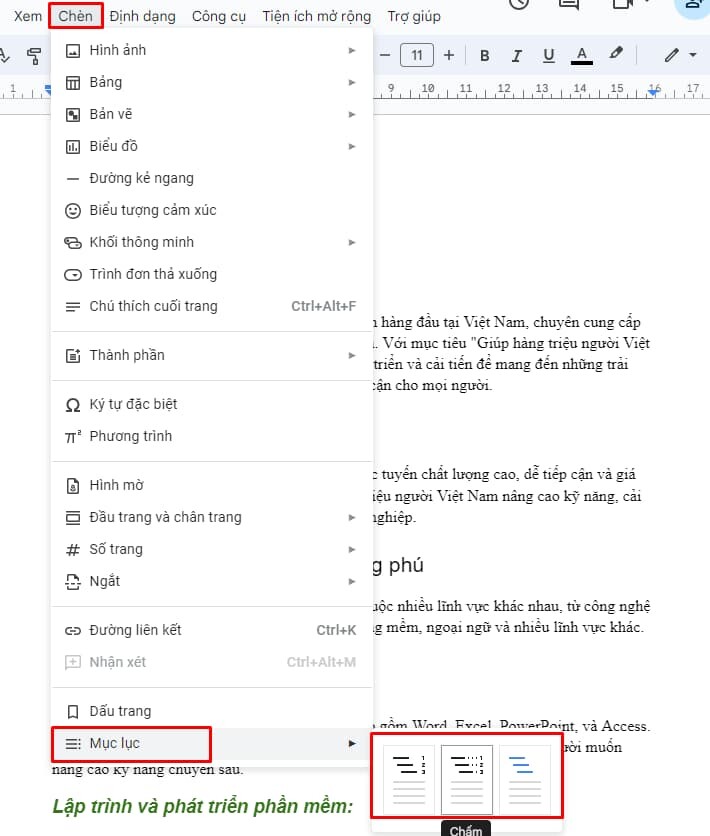 Tạo mục lục cho tài liệu google doc 1