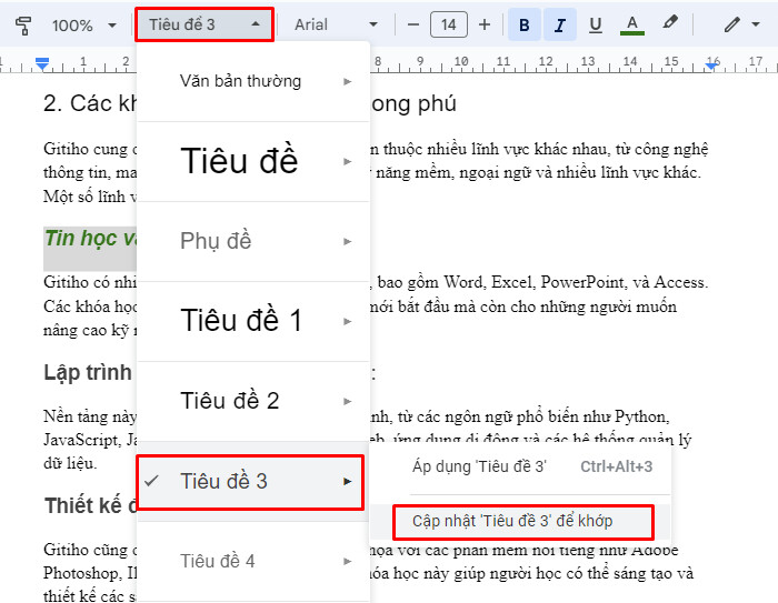 Thay đổi định dạng cho tiêu đề trong google doc 2