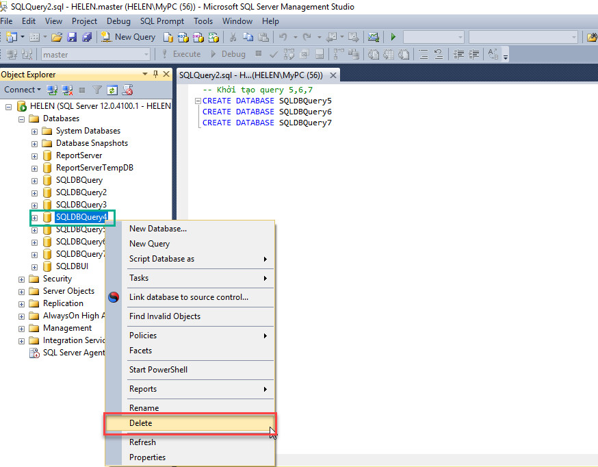 Cách xóa database trong SQL cách 1 1