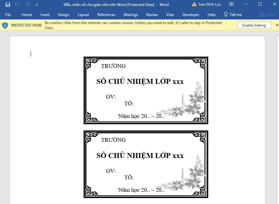 Mẫu nhãn vở dành cho giáo viên 5