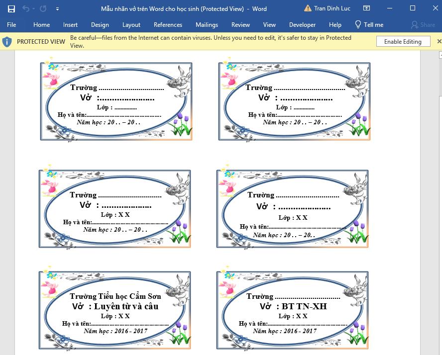 Mẫu nhãn vở dành cho học sinh 4
