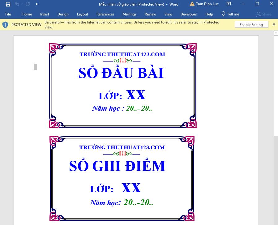 Mẫu nhãn vở dành cho giáo viên 3