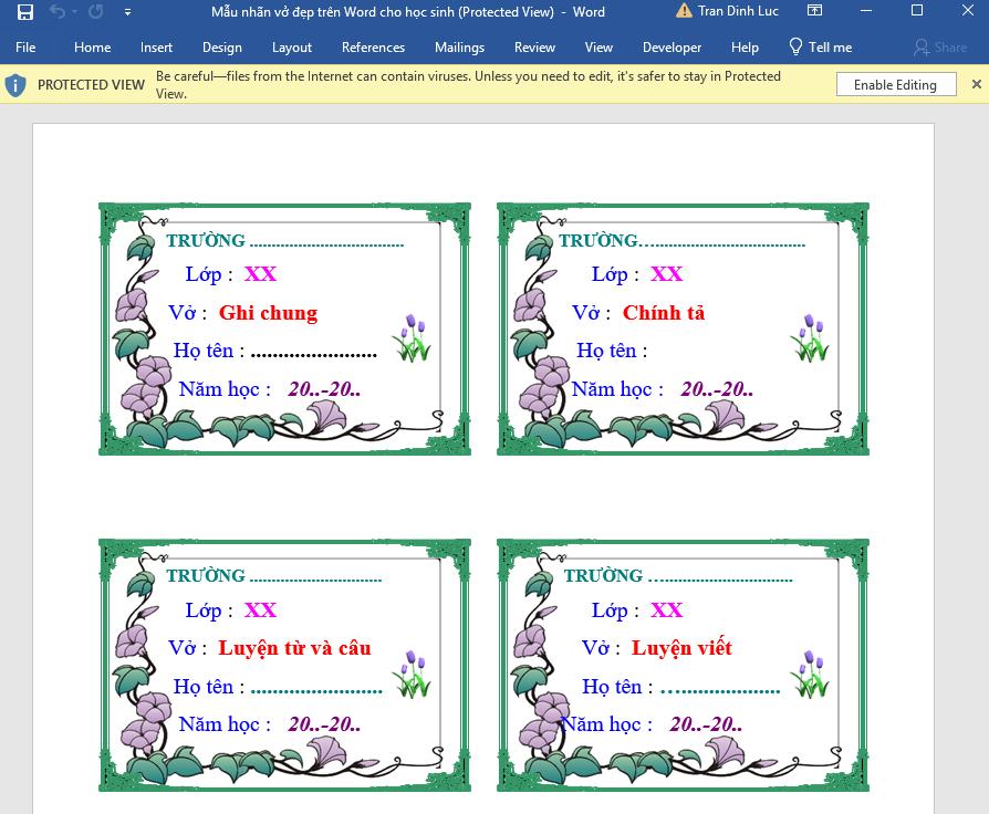 Mẫu nhãn vở dành cho học sinh 2
