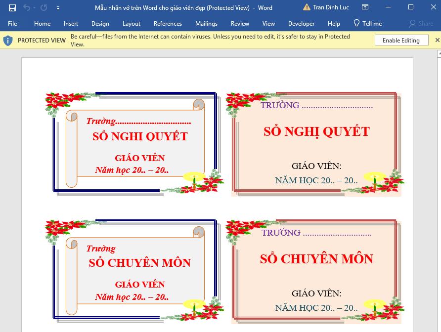 Mẫu nhãn vở dành cho giáo viên 2