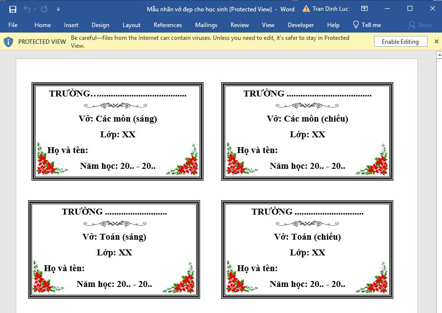 Mẫu nhãn vở dành cho học sinh 1