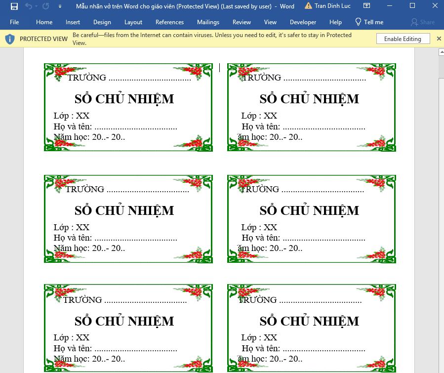 Mẫu nhãn vở dành cho giáo viên 1