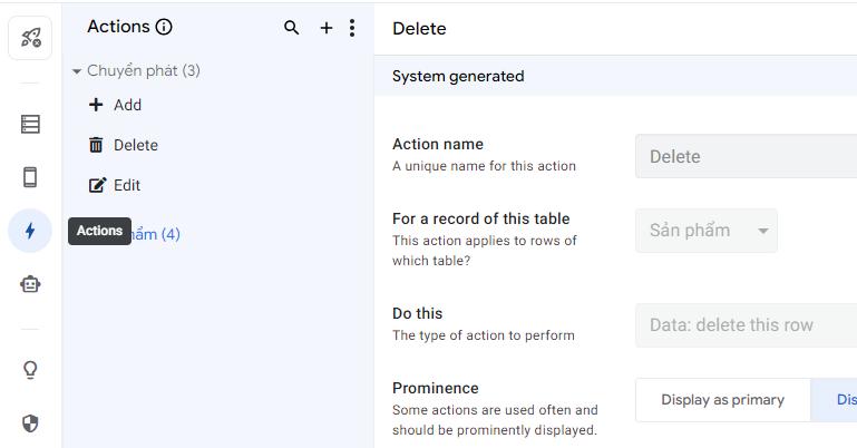 Action trong Appsheet