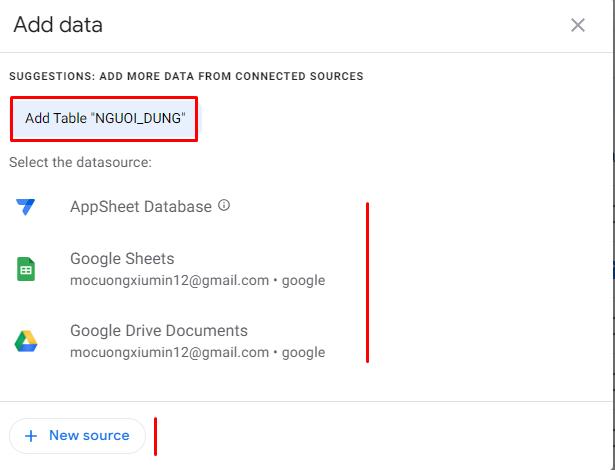 Chọn table mà bạn muốn thêm vào Appsheet