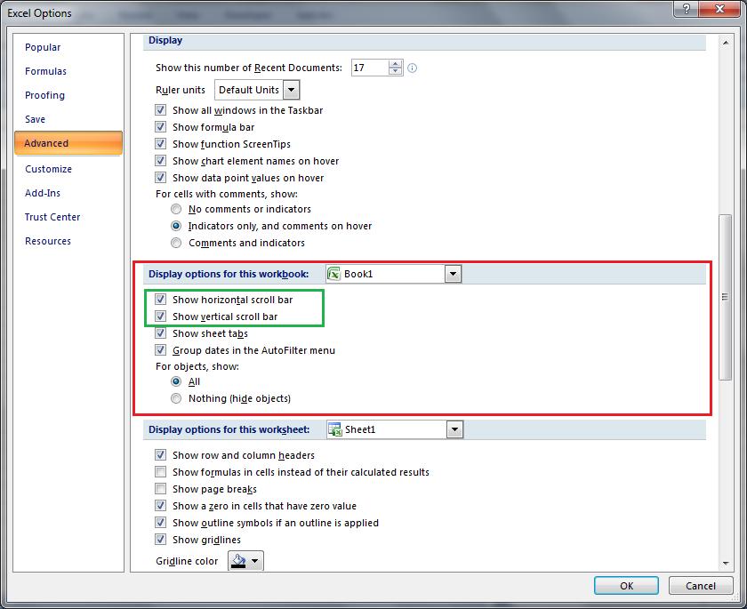 Cách hiện thanh kéo trong Excel phiên bản 2007