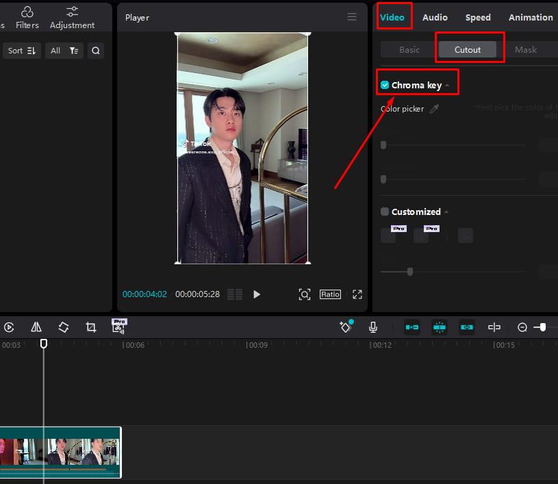 Bấm chọn Cutout và Chroma Key