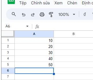 Ví dụ về bảng dữ liệu tính toán trong gg sheet