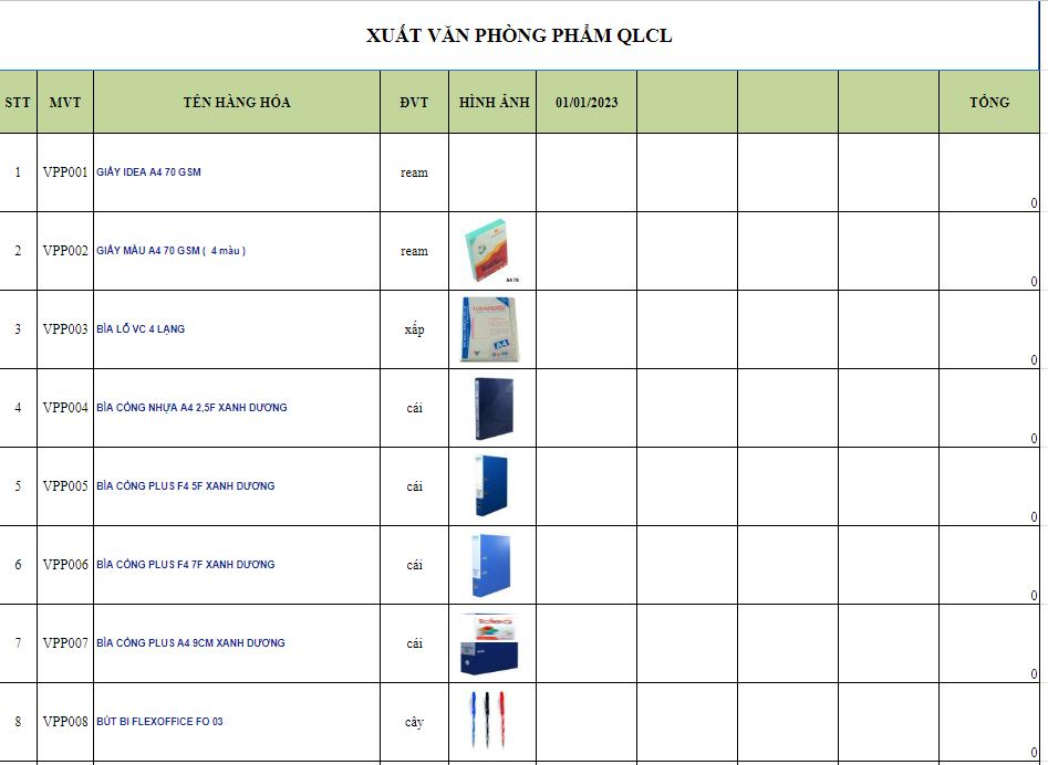 Bảng xuất VPP QLCL dành cho công ty
