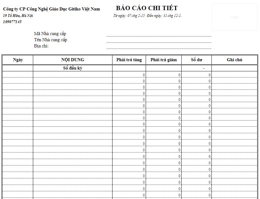 Biểu mẫu báo cáo công nợ chi tiết