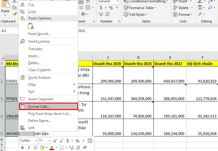 Các cách mở Format Cells trong Excel