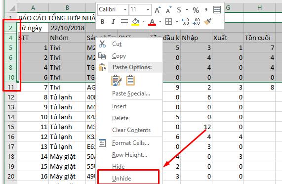 Cách bỏ ẩn cách hàng không liền kề trong Excel