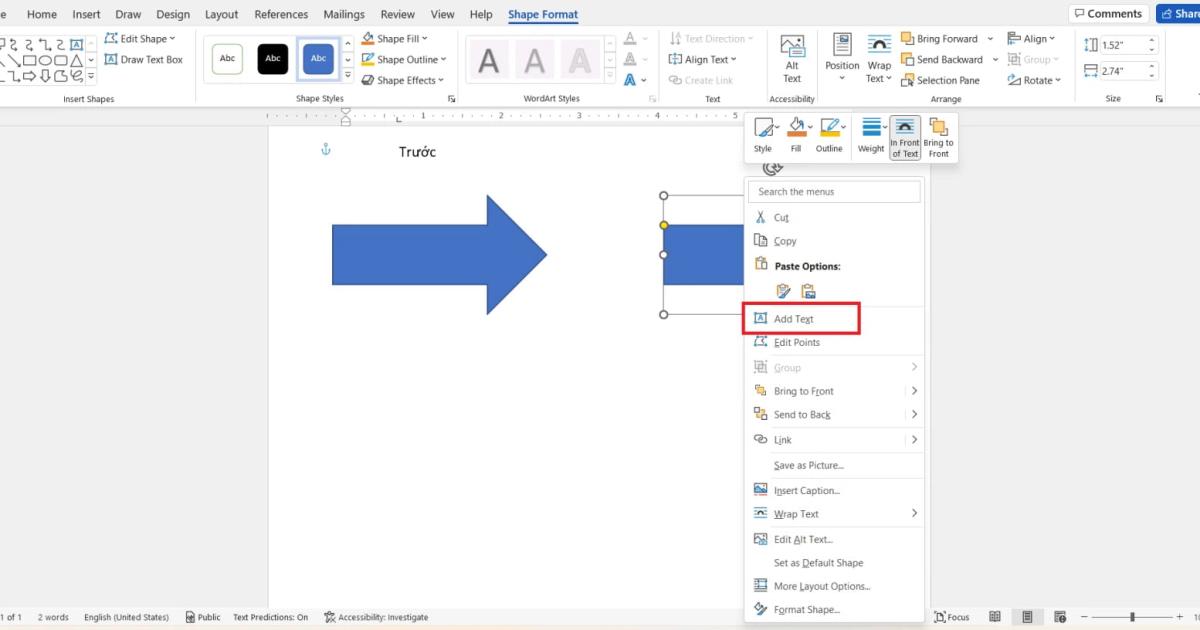 Cách chèn chữ vào dấu mũi tên trong Word