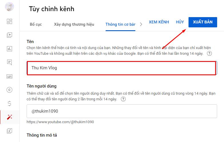 Cách đổi tên kênh youtube trên máy tính bước 4