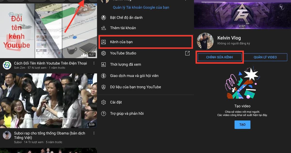 Cách đổi tên trên youtube ở ứng dụng điện thoại bước 1