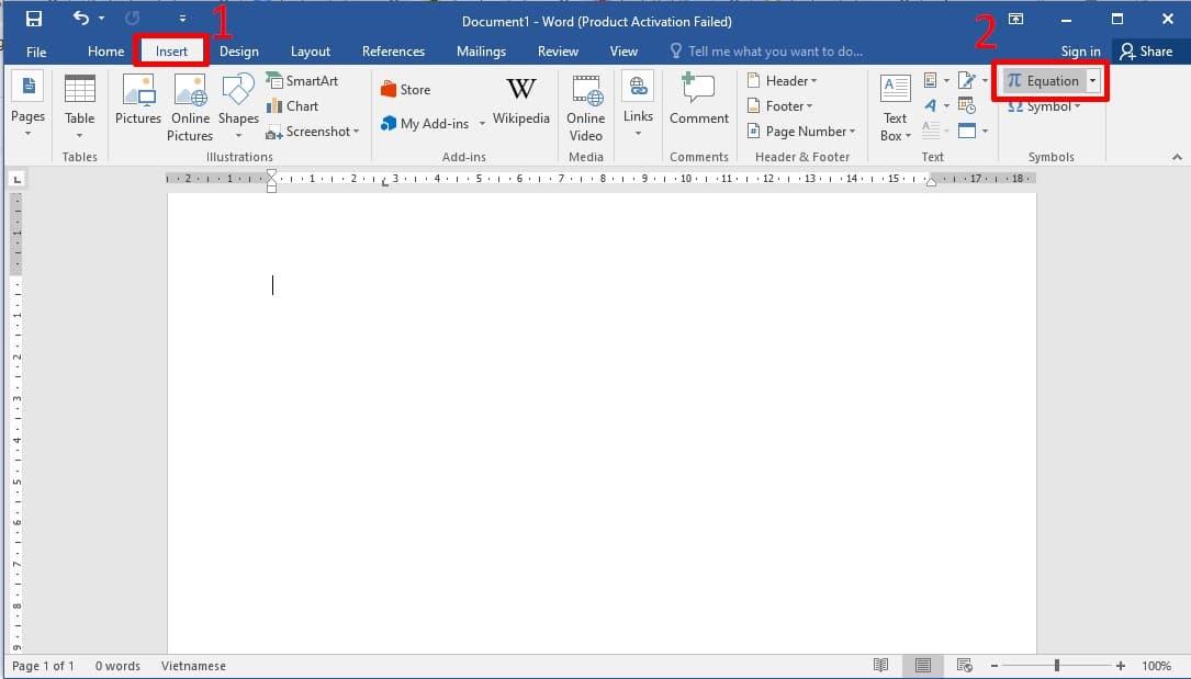 Cách ghi phân số trong word bằng công cụ Equation bước1