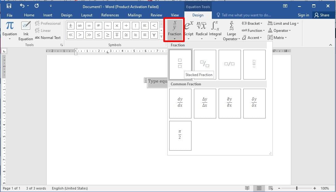 Cách ghi phân số trong word bằng công cụ Equation bước 2
