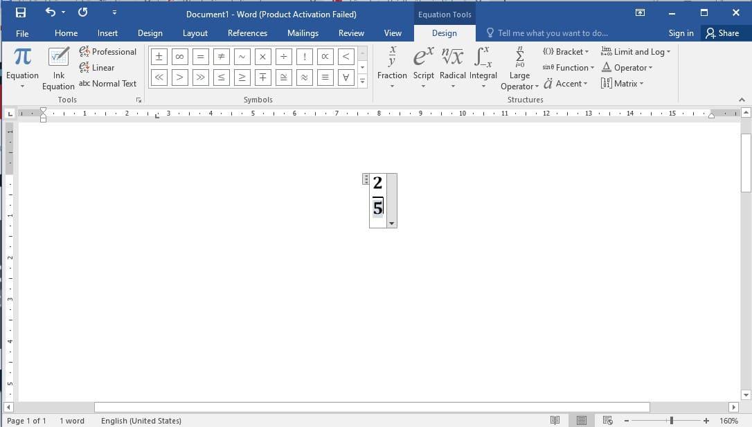 Cách ghi phân số trong word bằng công cụ Equation bước 3