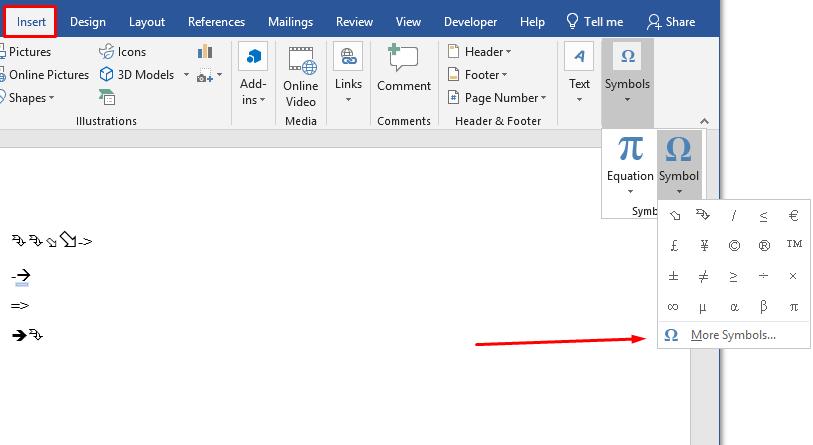 Cách làm mũi tên trong Word bằng Symbol