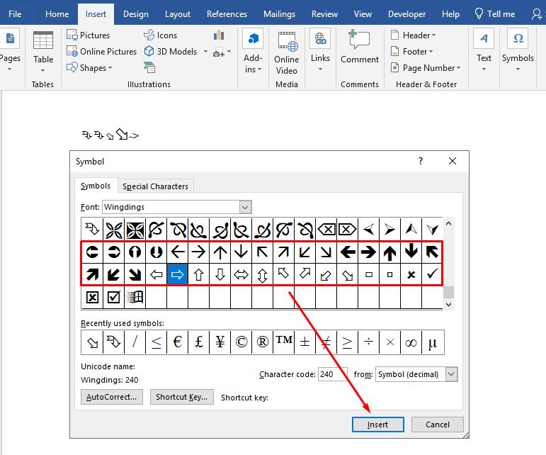 Cách làm mũi tên trong Word bằng Symbol