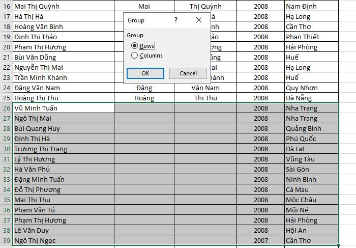 Cách nhóm hàng cột trong Excel