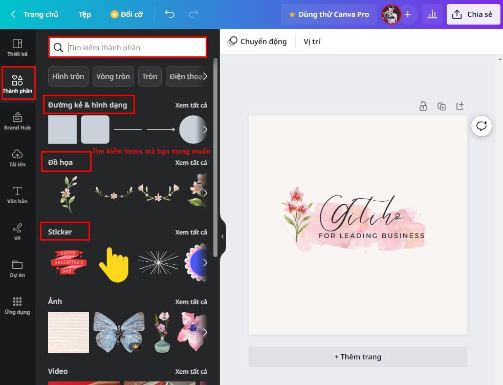 Thêm các thành phần vào slide trình chiếu