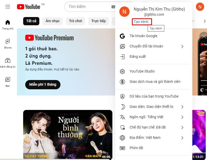 Cách tạo kênh mới trên youtube