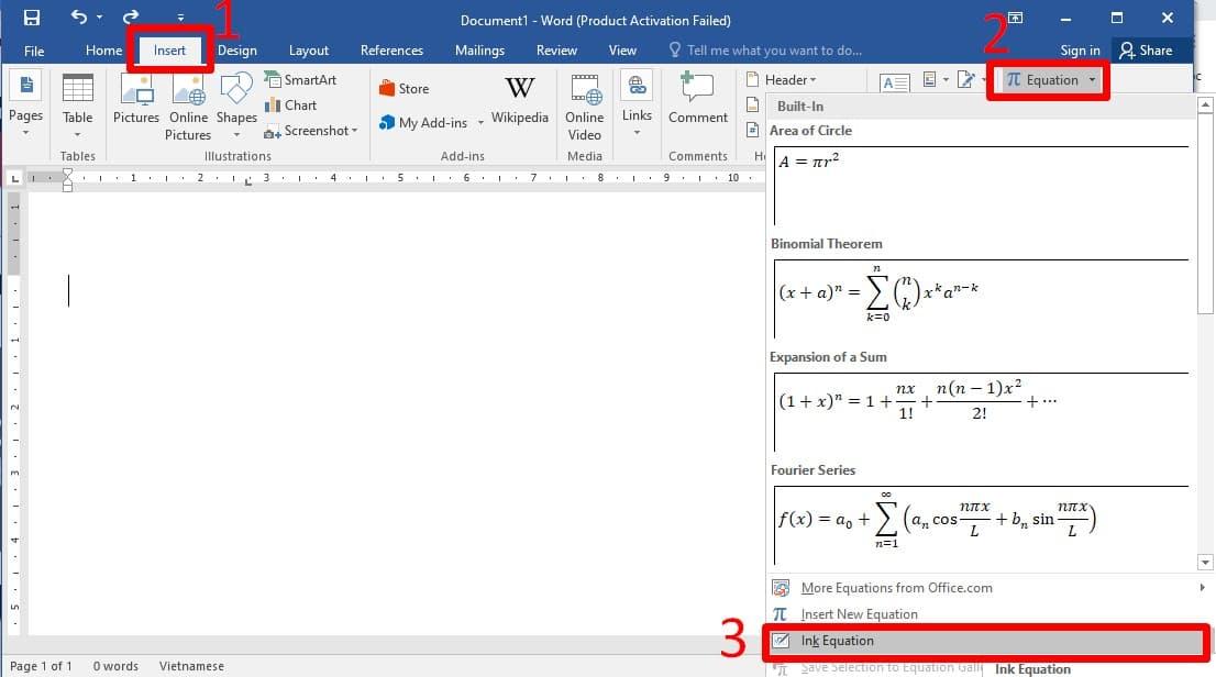 Cách tạo phân số trong word bằng công cụ Ink Equation bước 1