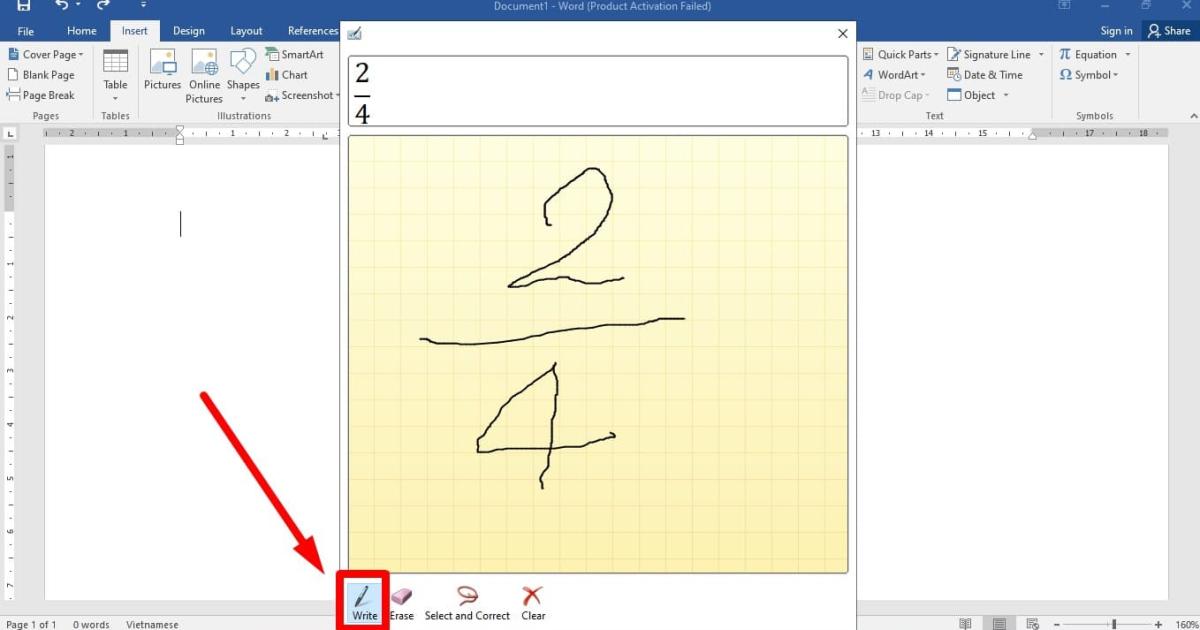 Cách tạo phân số trong word bằng công cụ Ink Equation bước 2