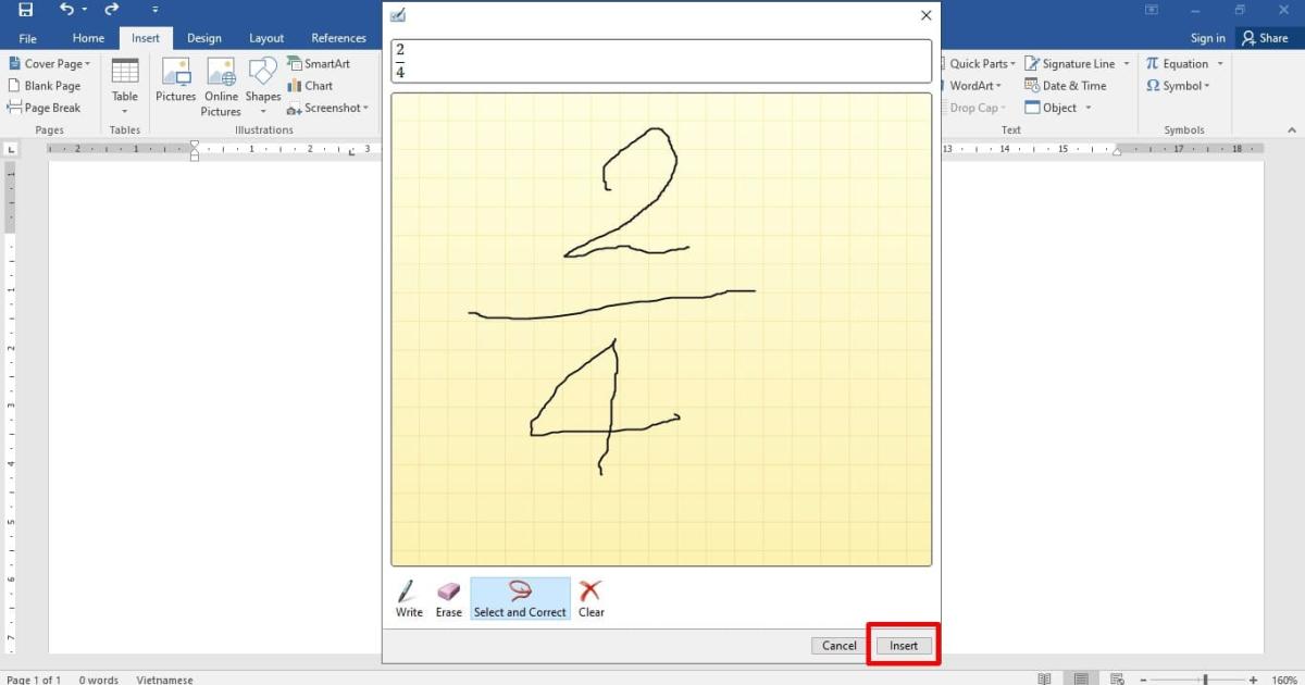 Cách tạo phân số trong word bằng công cụ Ink Equation bước 3