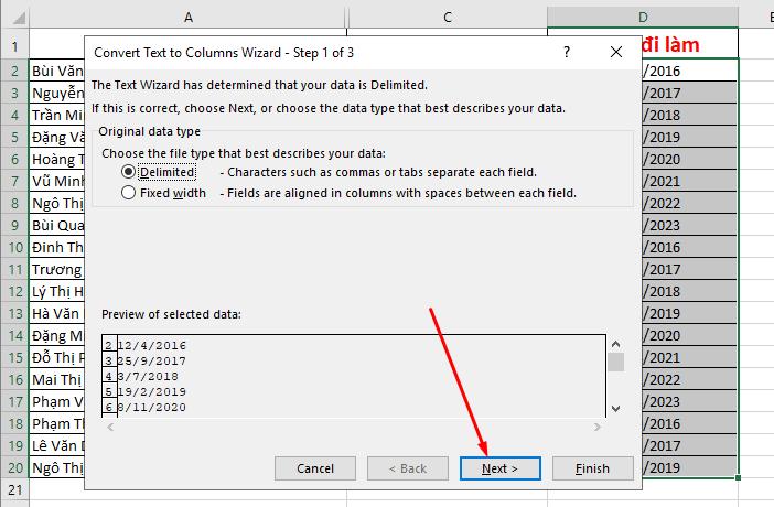 Cài đặt Convert Text Columns Wizard bước 1